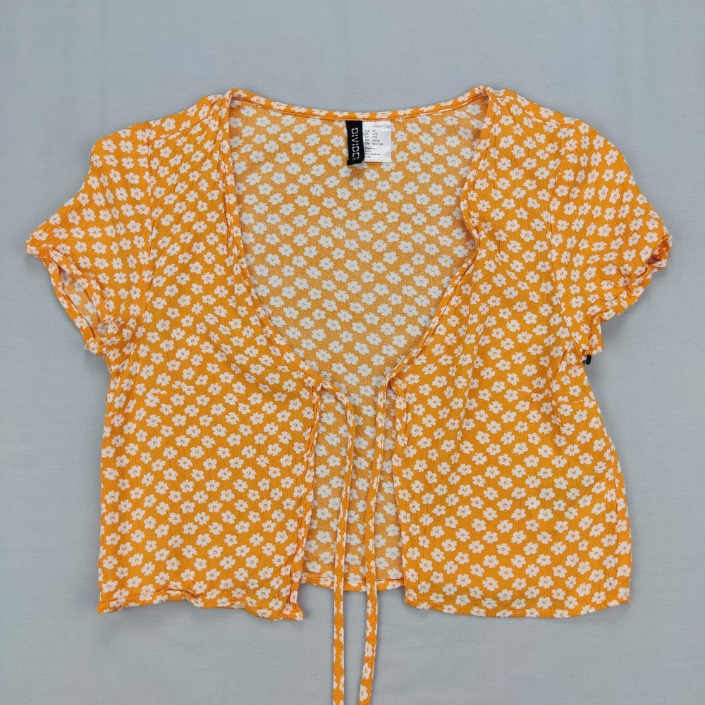 H&M Divided Crop Top Women XXS Orange Daisy Floral Tie Front Short Sleeve Blouse